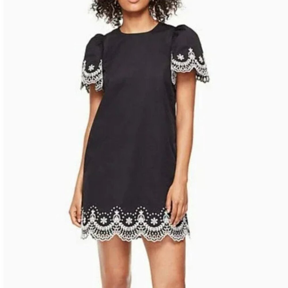 Kate Spade Mini Dress Small Black Short Sleeve Shift Cotton Floral Embroidered